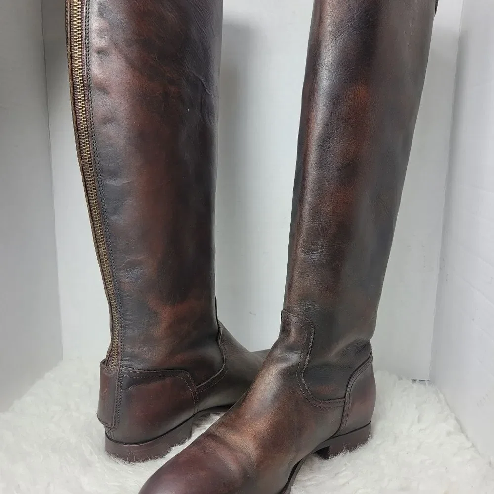 Frye Lindsay Womens Boots Size 8.5 Logo Embroidered Brown Riding Back Side Zip